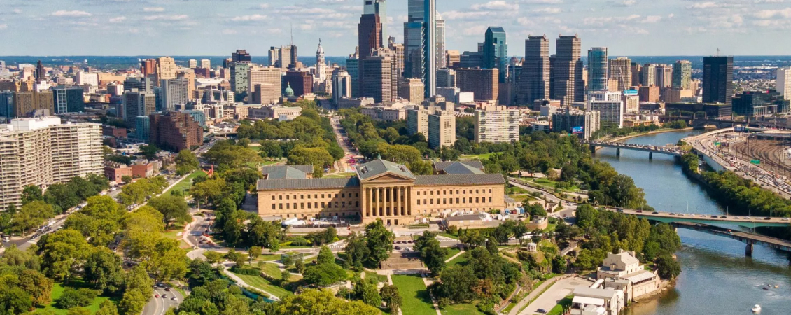 City of Philadelphia skyline with the Art Museum prominent in the foreground.