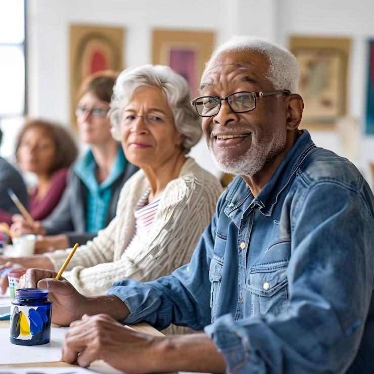A group of older adults engaged in an art class, smiling and painting.