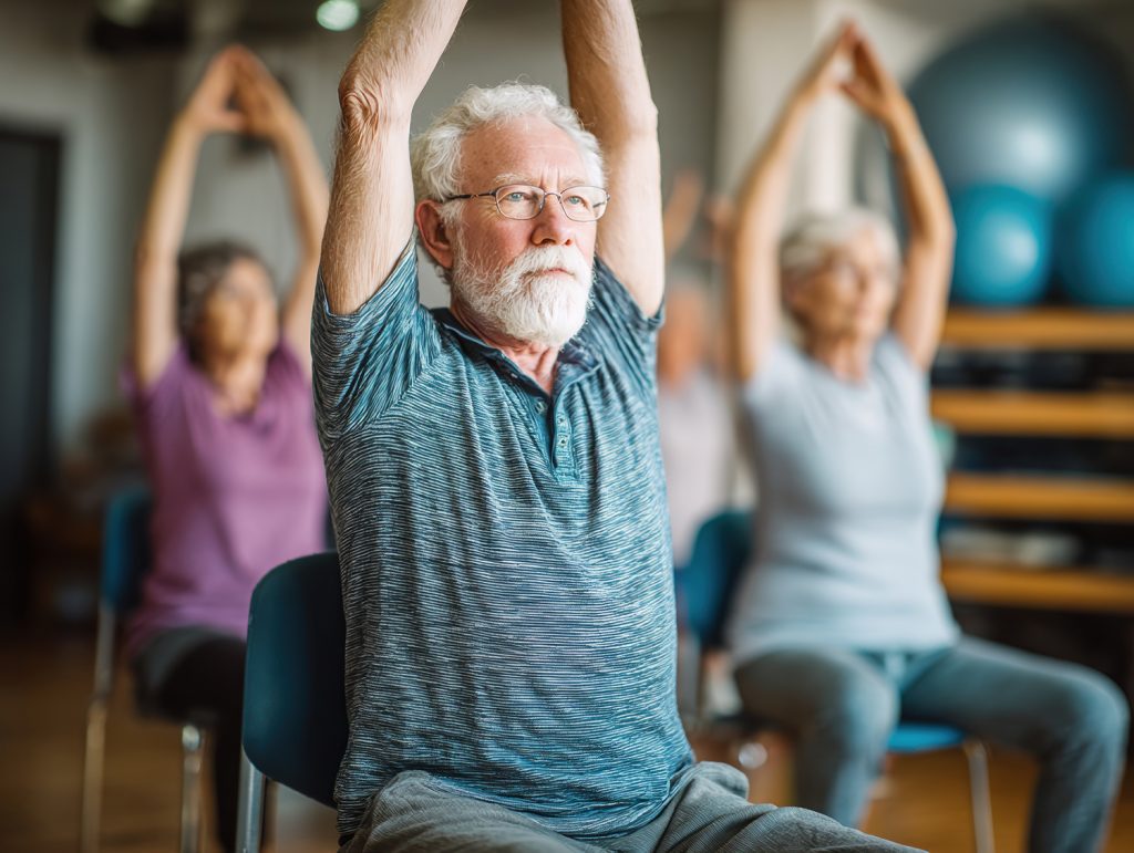 Older individuals in a seated yoga class stretch arms upwards, focused and serene.