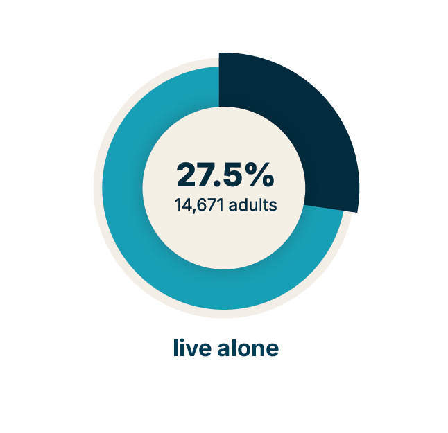 Infographic illustrating that 27.5% of Philadelphians with vision loss (14,671 adults) live alone (2024).