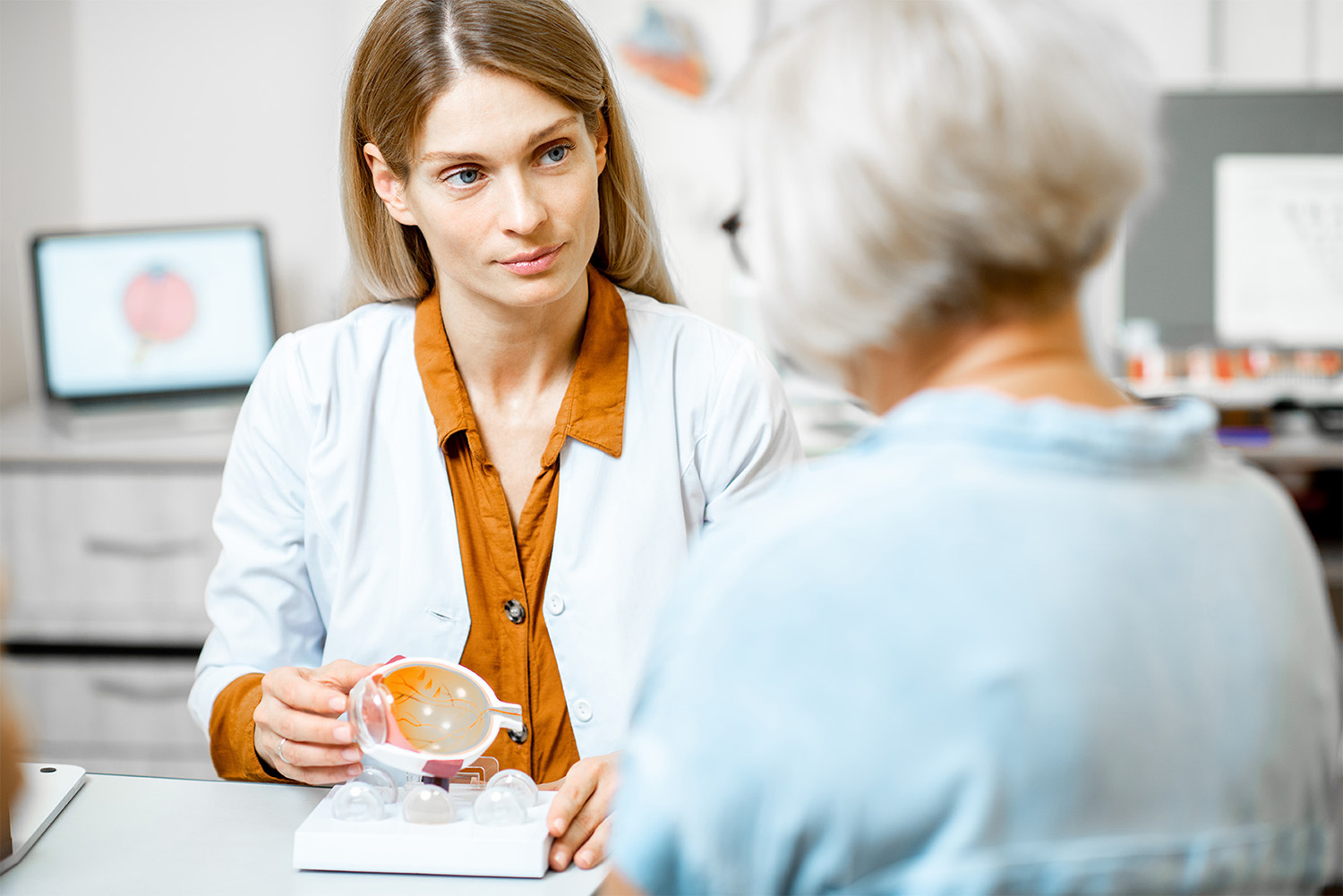 An opthamologist holds an eye model while talking to an older patient in a medical office.